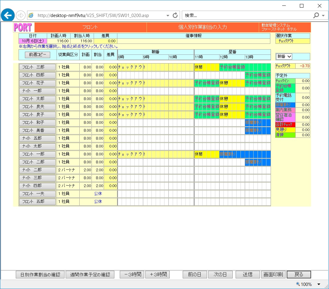 シフト作成作業割当システム入力画面