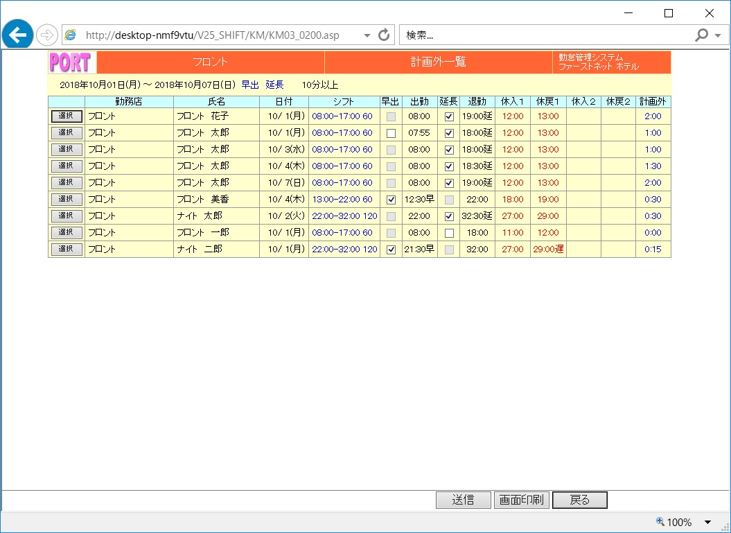 勤怠管理システム計画外勤務者一覧表示機能